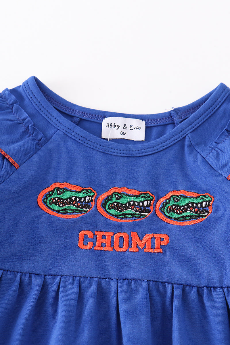 Blue Chomp Embroidery Girl Romper