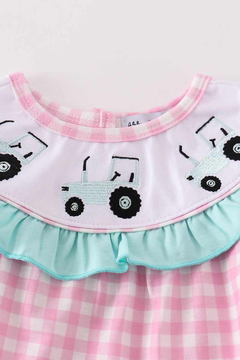 Pink Tractor Embroidery Gingham Girl Bubble