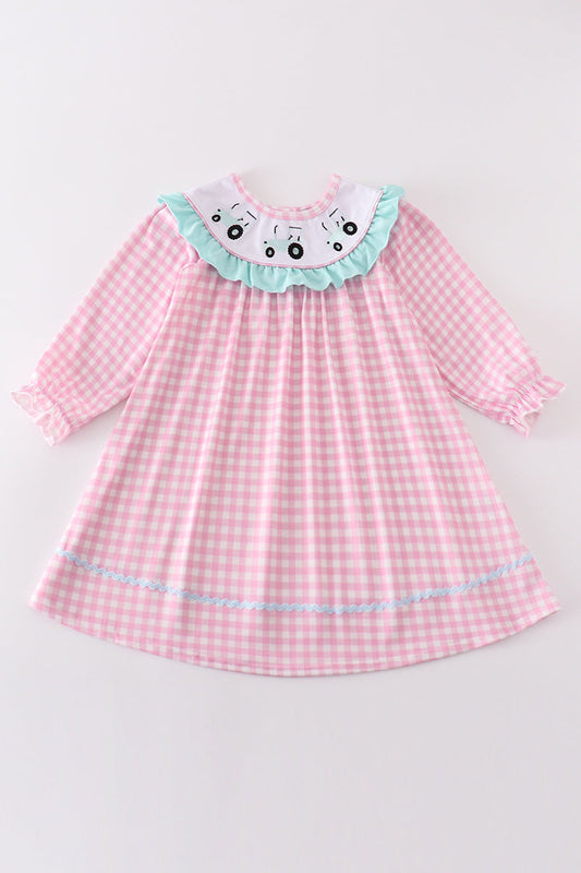 Pink Tractor Embroidery Gingham Dress