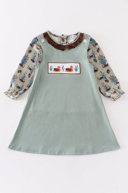 Sage Duck French Knot Girl Dress Set