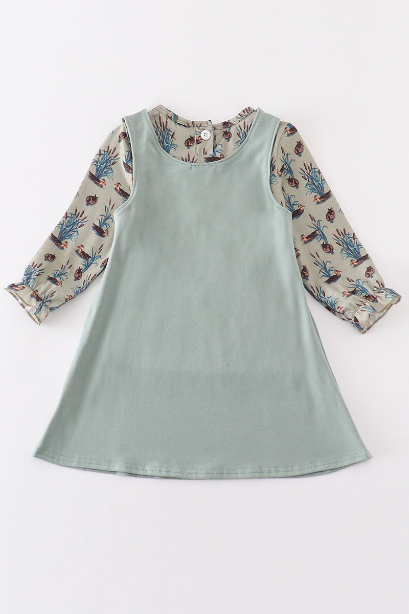 Sage Duck French Knot Girl Dress Set