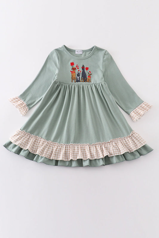 Sage Valentine Puppy Heart Embroidery Girl Dress