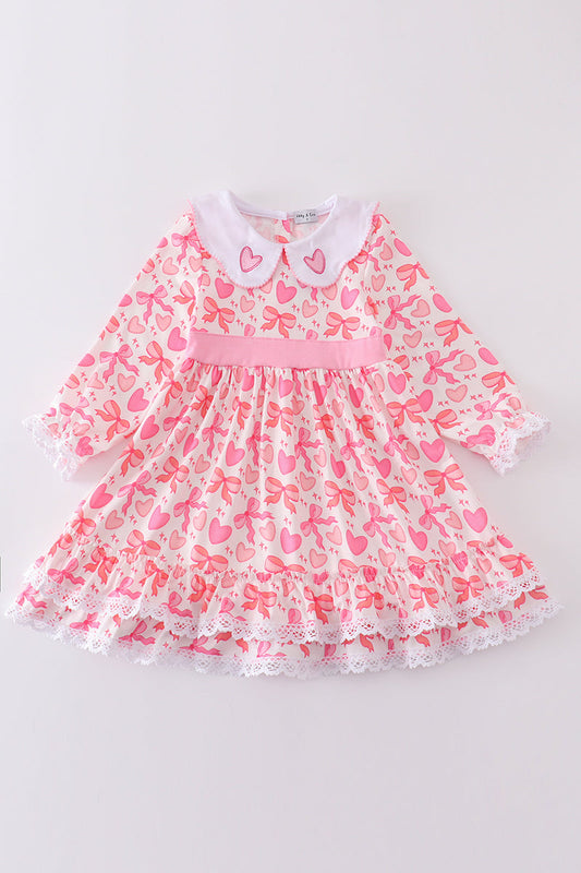 Pink Valentine Heart Bow Embroidery Girl Ruffle Dress