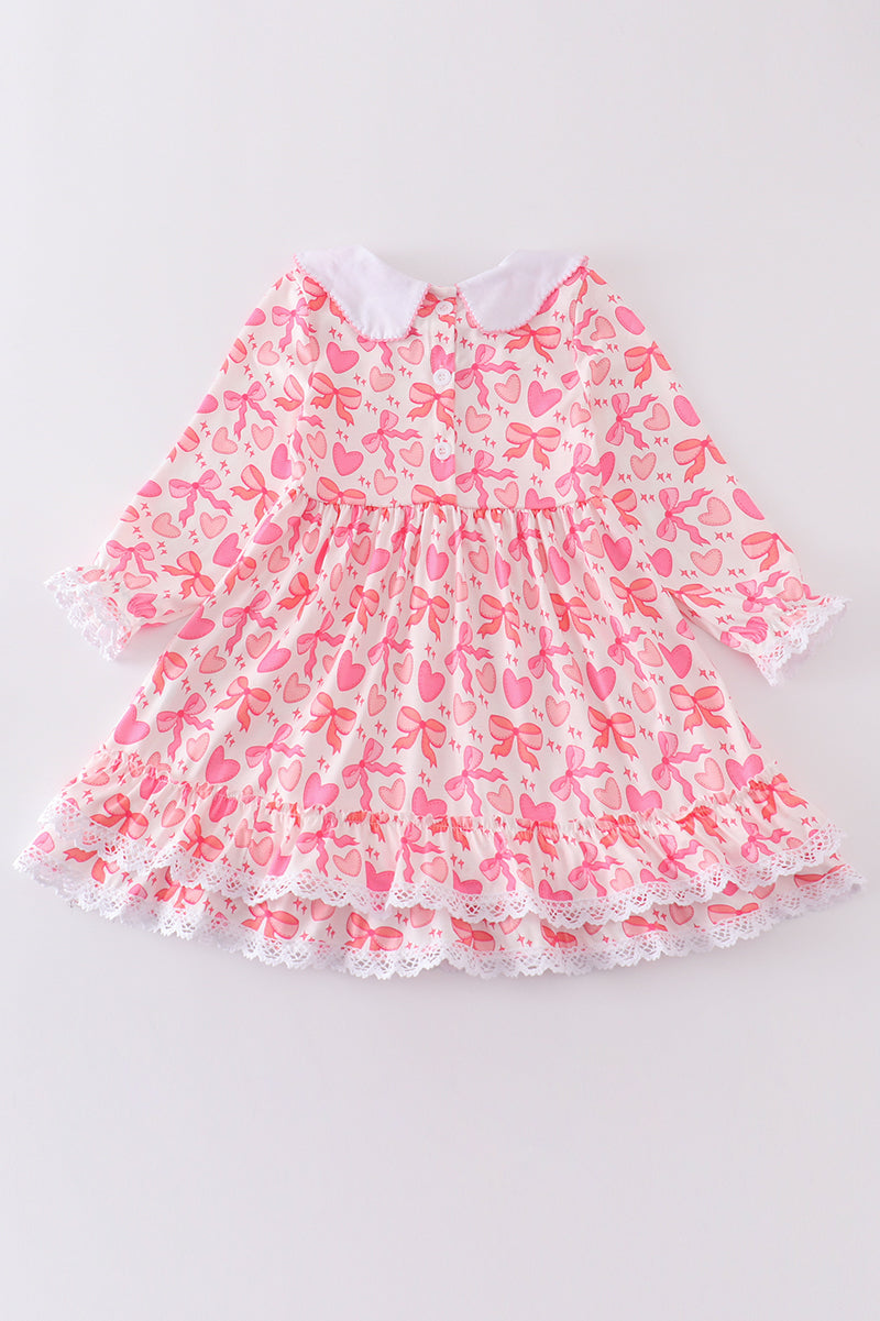 Pink Valentine Heart Bow Embroidery Girl Ruffle Dress