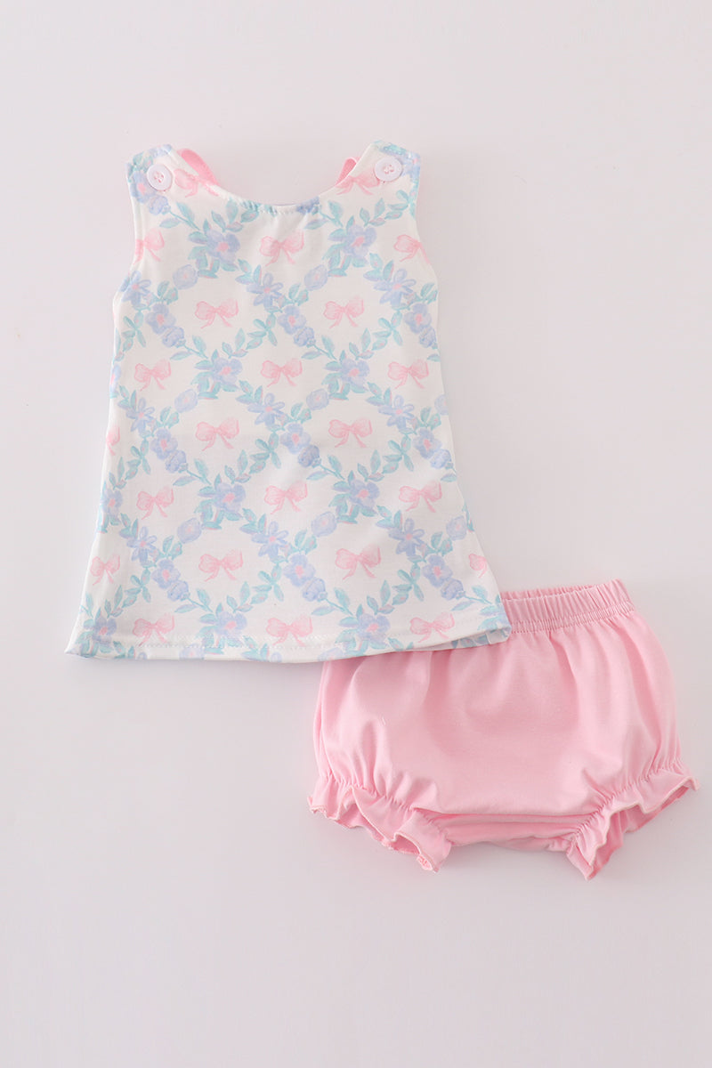 Pink Bow Print Girl Bloomer Set