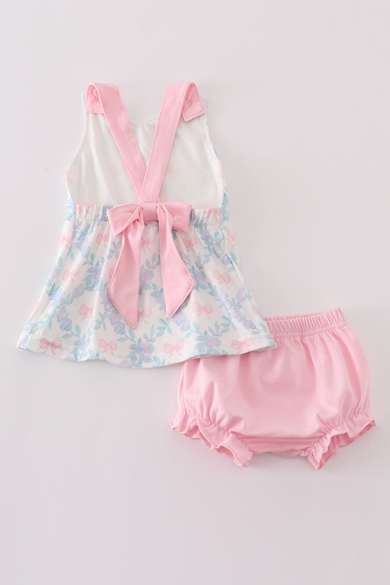 Pink Bow Print Girl Bloomer Set