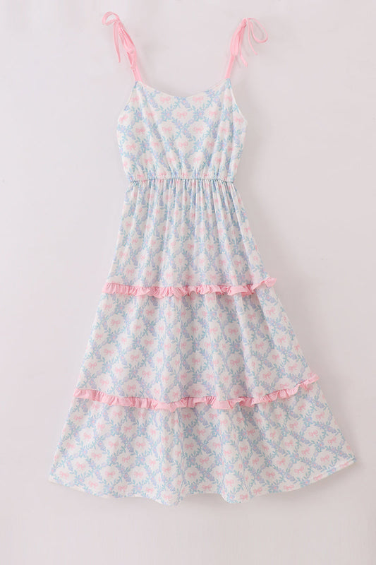 Pink Bow Print  Ruffle Mom Dress