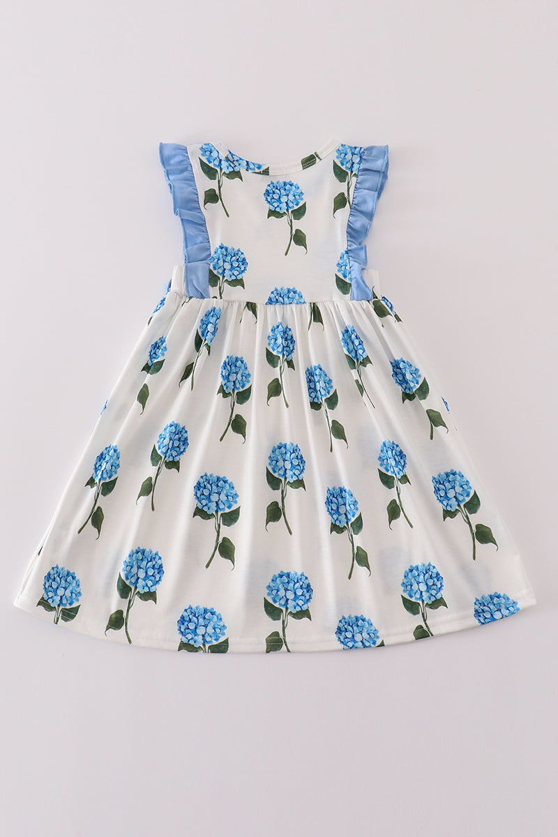 Blue & White Hydrangea Print Girl Dress