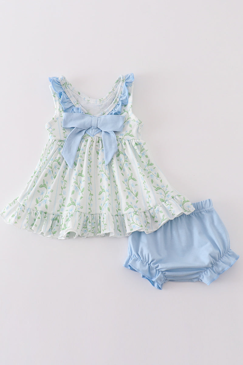 Blue Botanical Print Girl Bloomer Set