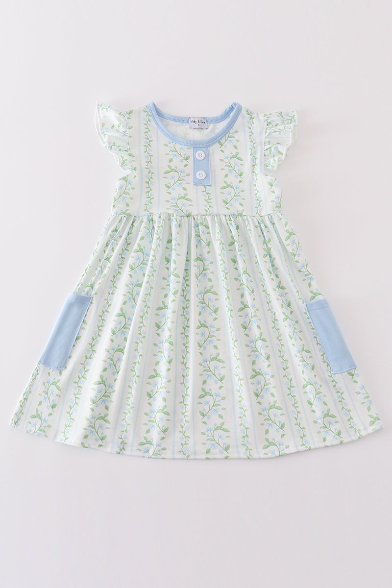 Blue Botanical Print Girl Dress