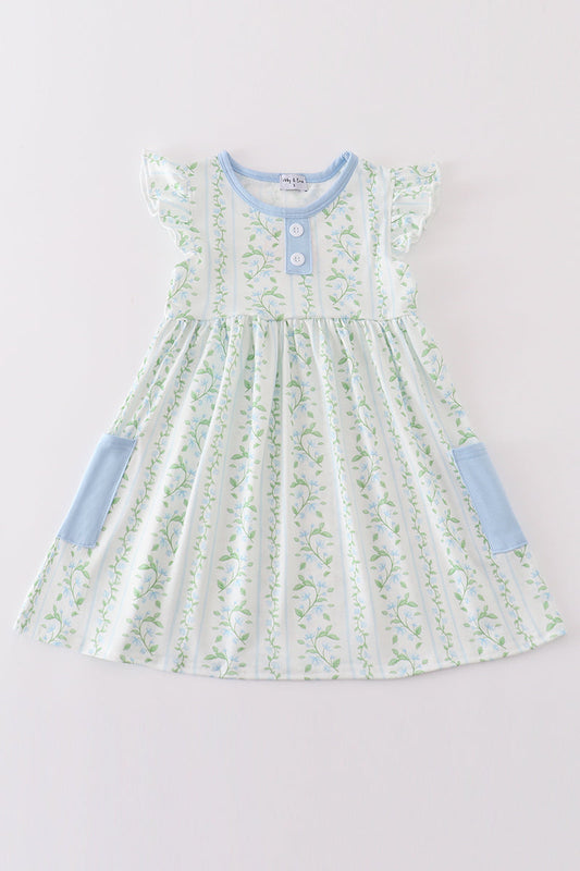 Blue Botanical Print Girl Dress