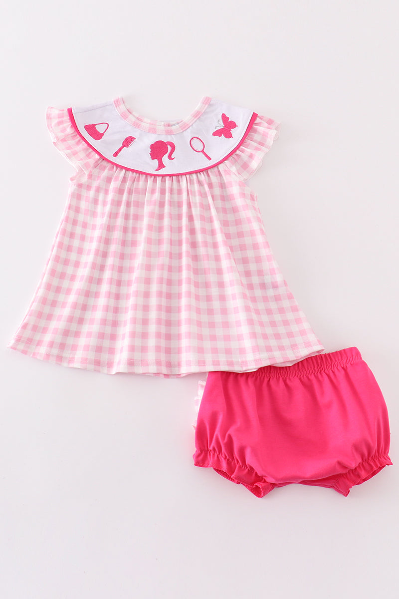 Pink Barbie Embroidery Gingham Girl Bloomer Set