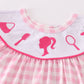 Pink Barbie Embroidery Gingham Girl Bloomer Set