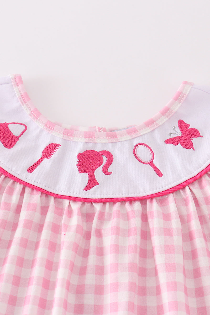 Pink Barbie Embroidery Gingham Girl Dress