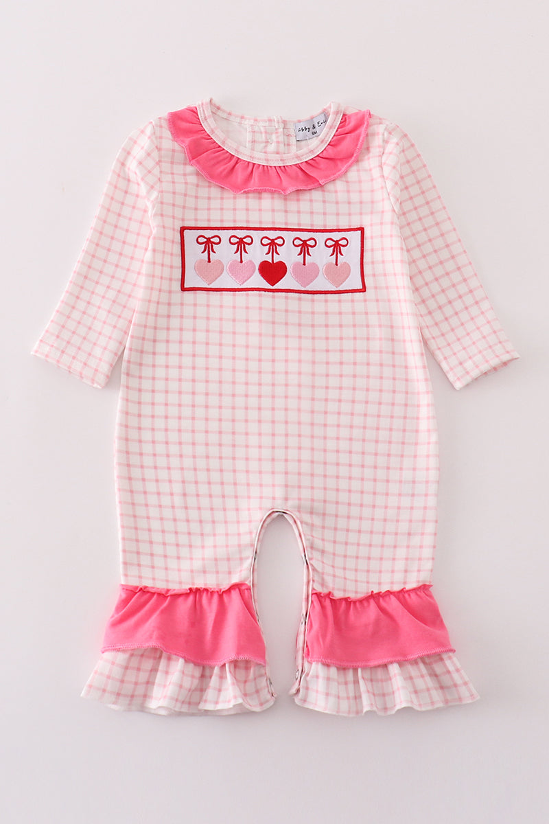 Pink Plaid Heart Embroidery Girl Romper