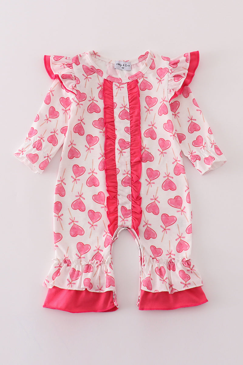 Pink Valentine Heart Print Girl Romper