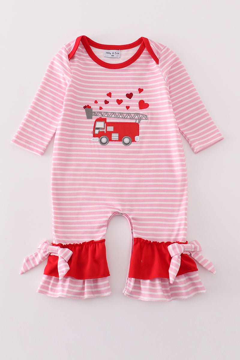 Valentine'S Day Fire Truck Applique Girl Romper