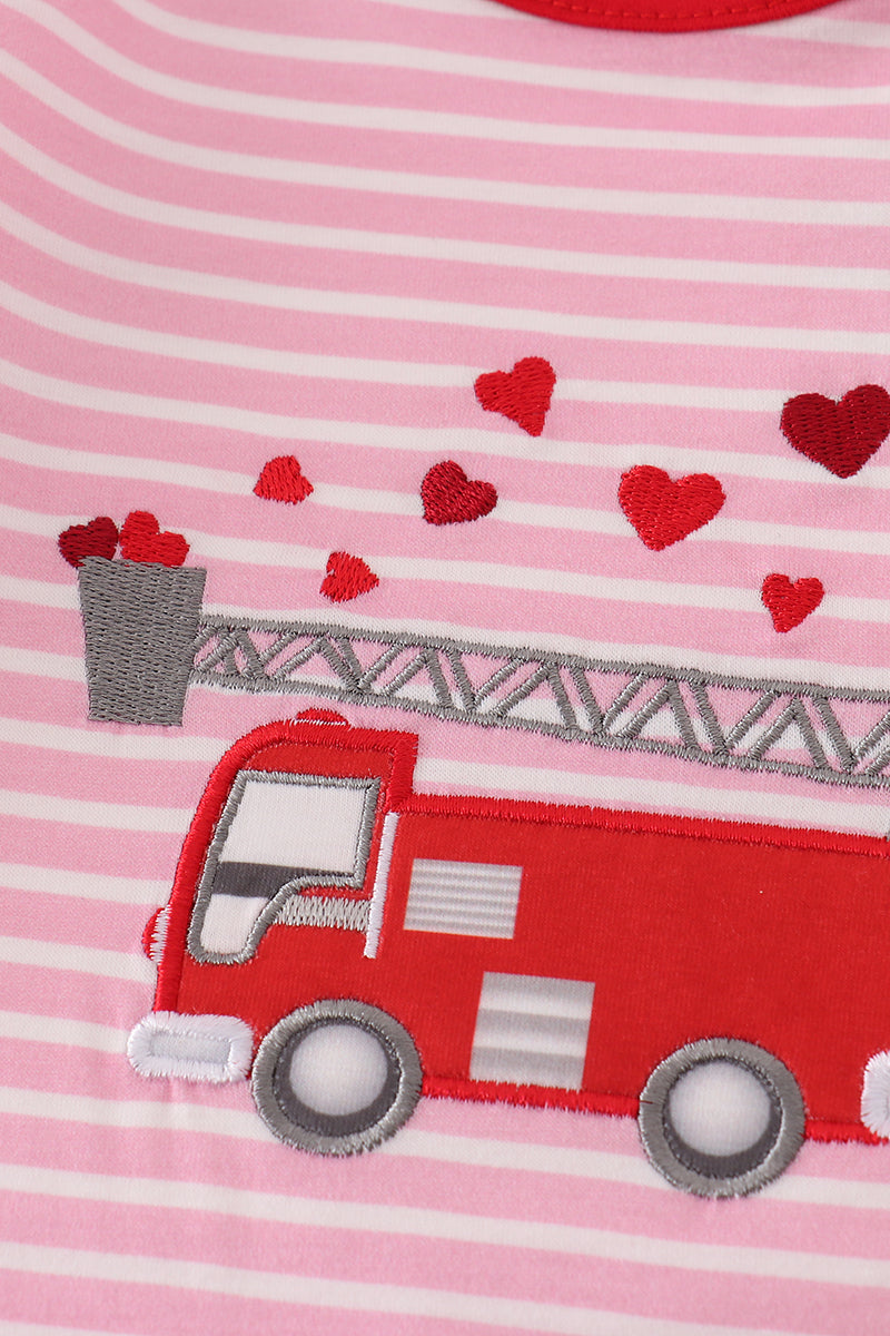 Valentine'S Day Fire Truck Applique Girl Romper