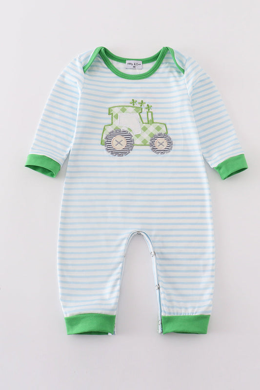 Green Tractor Lucky Clover Applique Boy Romper