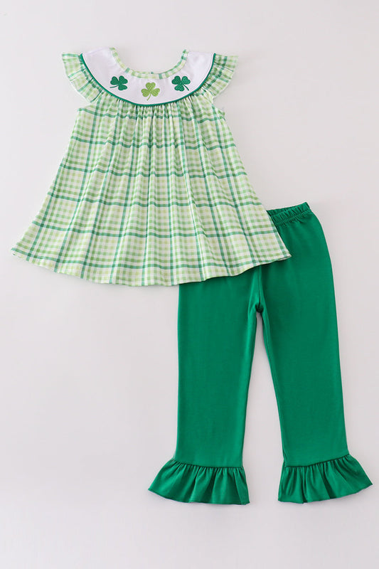 Green Lucky Clover Embroidery Girl Pants Set