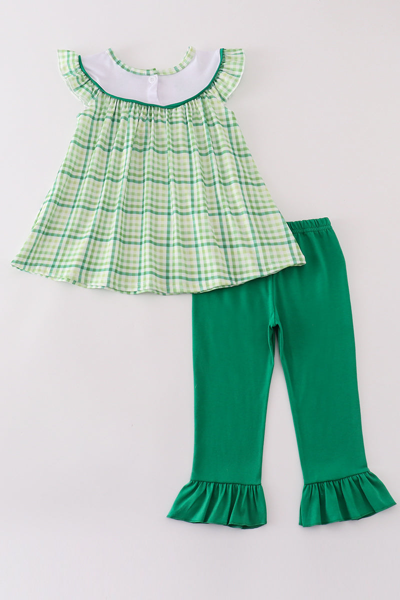 Green Lucky Clover Embroidery Girl Pants Set