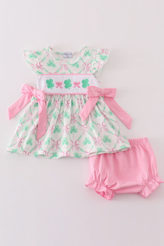 Pink Green Bow Clover Embroidery Girl Bloomer Set