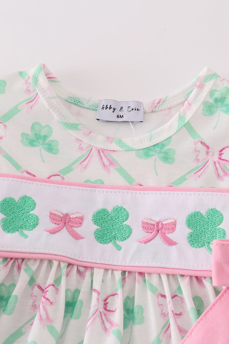 Pink Green Bow Clover Embroidery Girl Bloomer Set