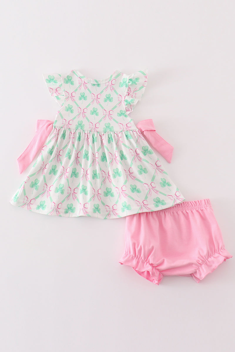 Pink Green Bow Clover Embroidery Girl Bloomer Set