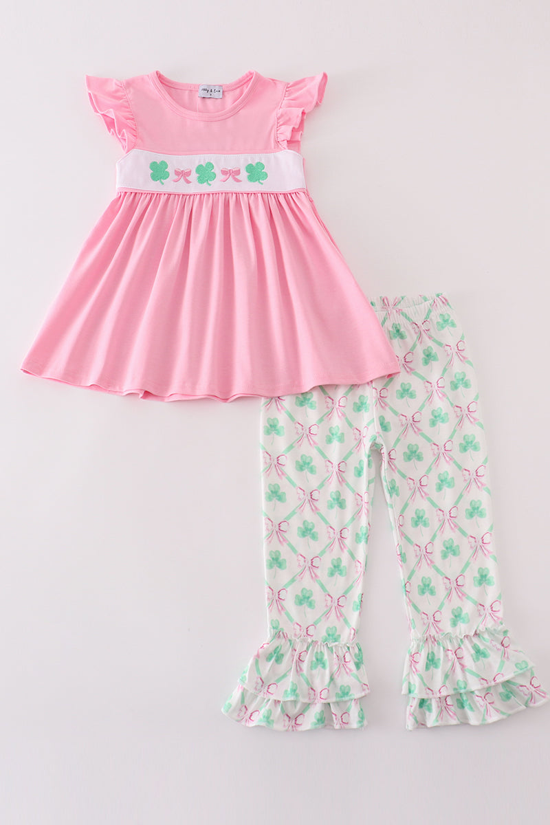 Pink Green Bow Clover Embroidery Girl Set