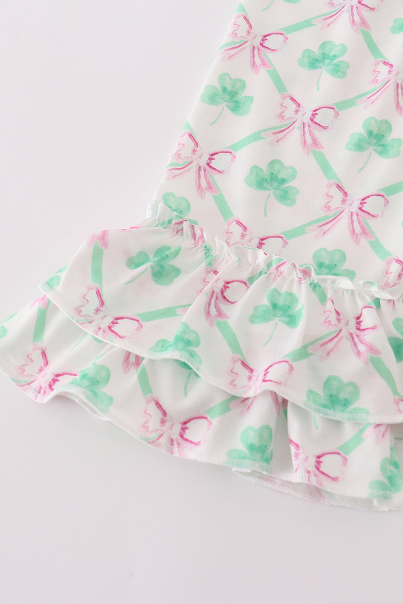 Pink Green Bow Clover Embroidery Girl Set