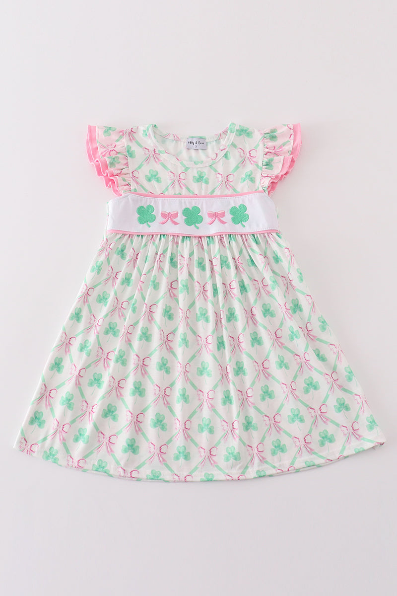 Pink Green Bow Clover Embroidery Girl Dress