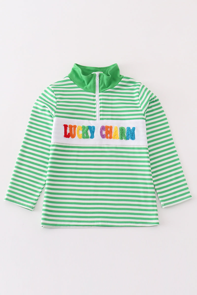 Green Stripe Lucky Charm French Knot Boy Pullover