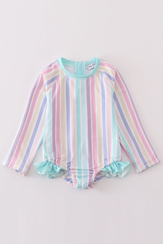 Multicolored Stripe Print Girl Long Sleeve Swimsuit