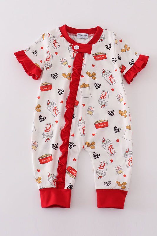 Red The Lord's Chicken Print Girl Romper