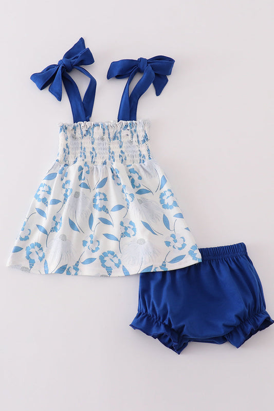 Blue Porcelain Petals Print Smocked Girl Bloomer Set