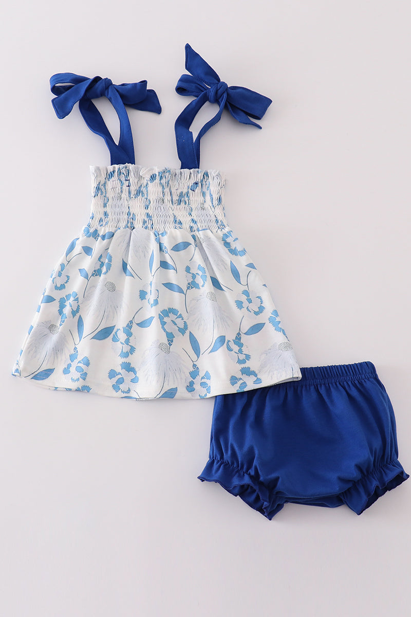 Blue Porcelain Petals Print Smocked Girl Bloomer Set