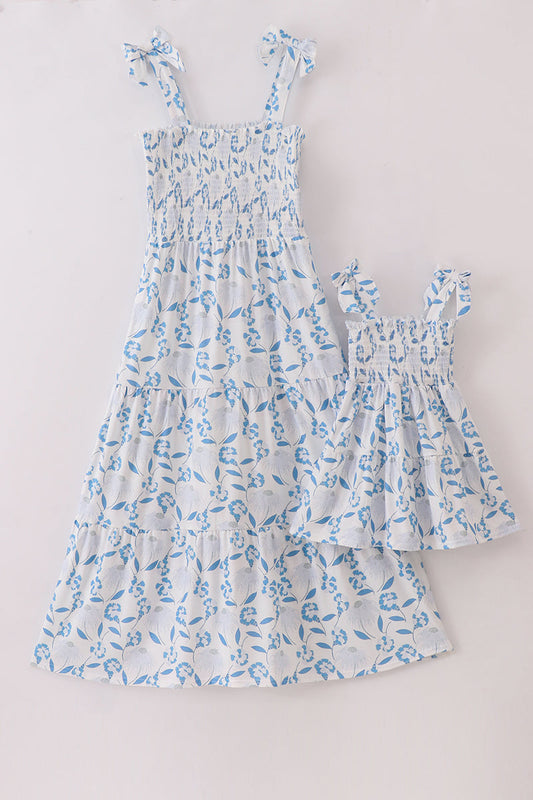 Blue Porcelain Petals Print Smocked Mom&Me Dress