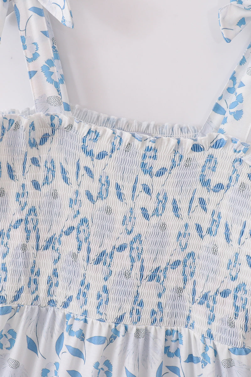 Blue Porcelain Petals Print Smocked Mom&Me Dress