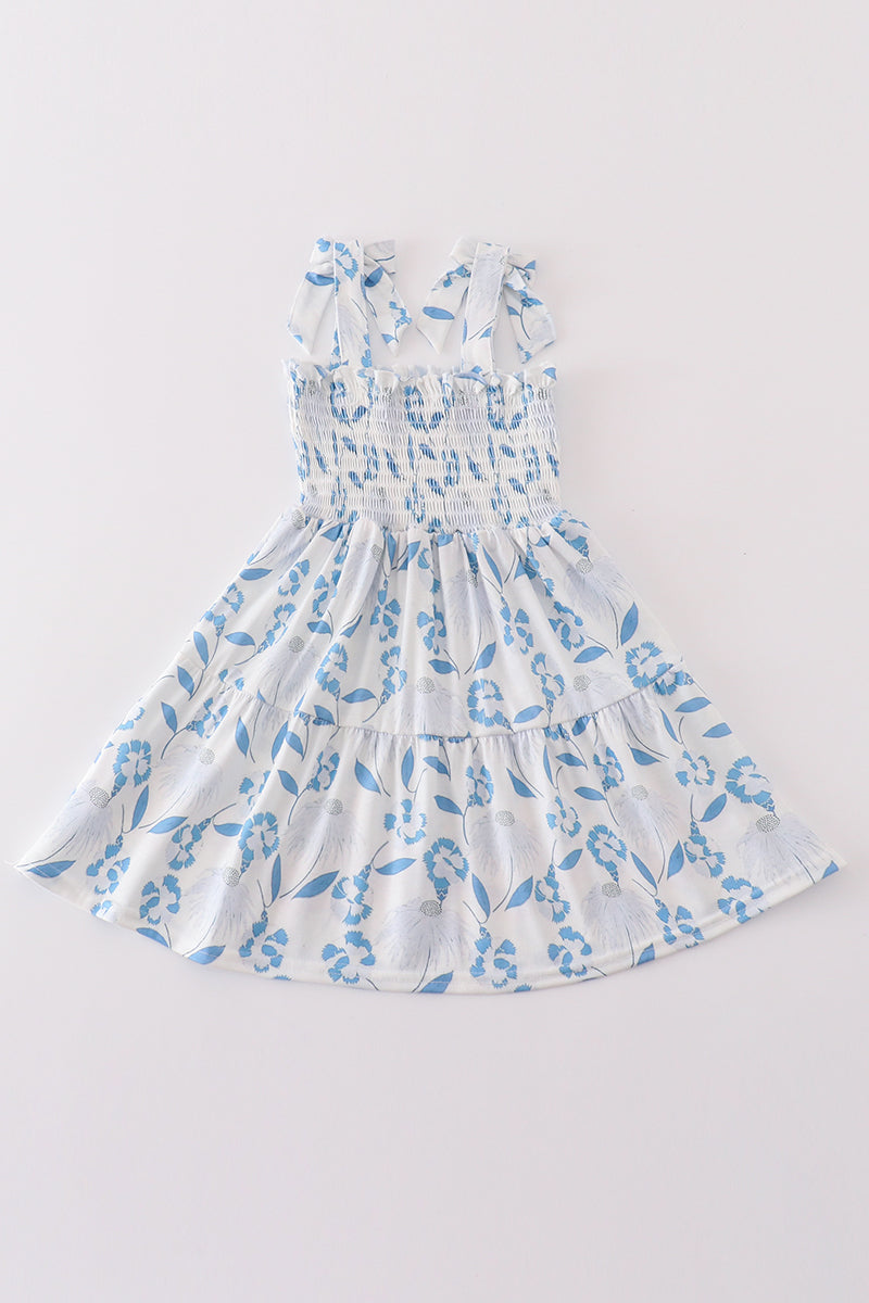 Blue Porcelain Petals Print Smocked Mom&Me Dress