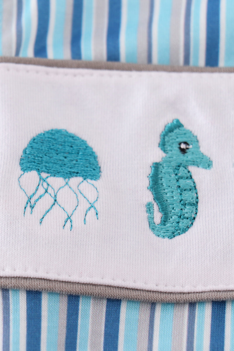 Blue Stripe Marine Embroidery Boy Bubble