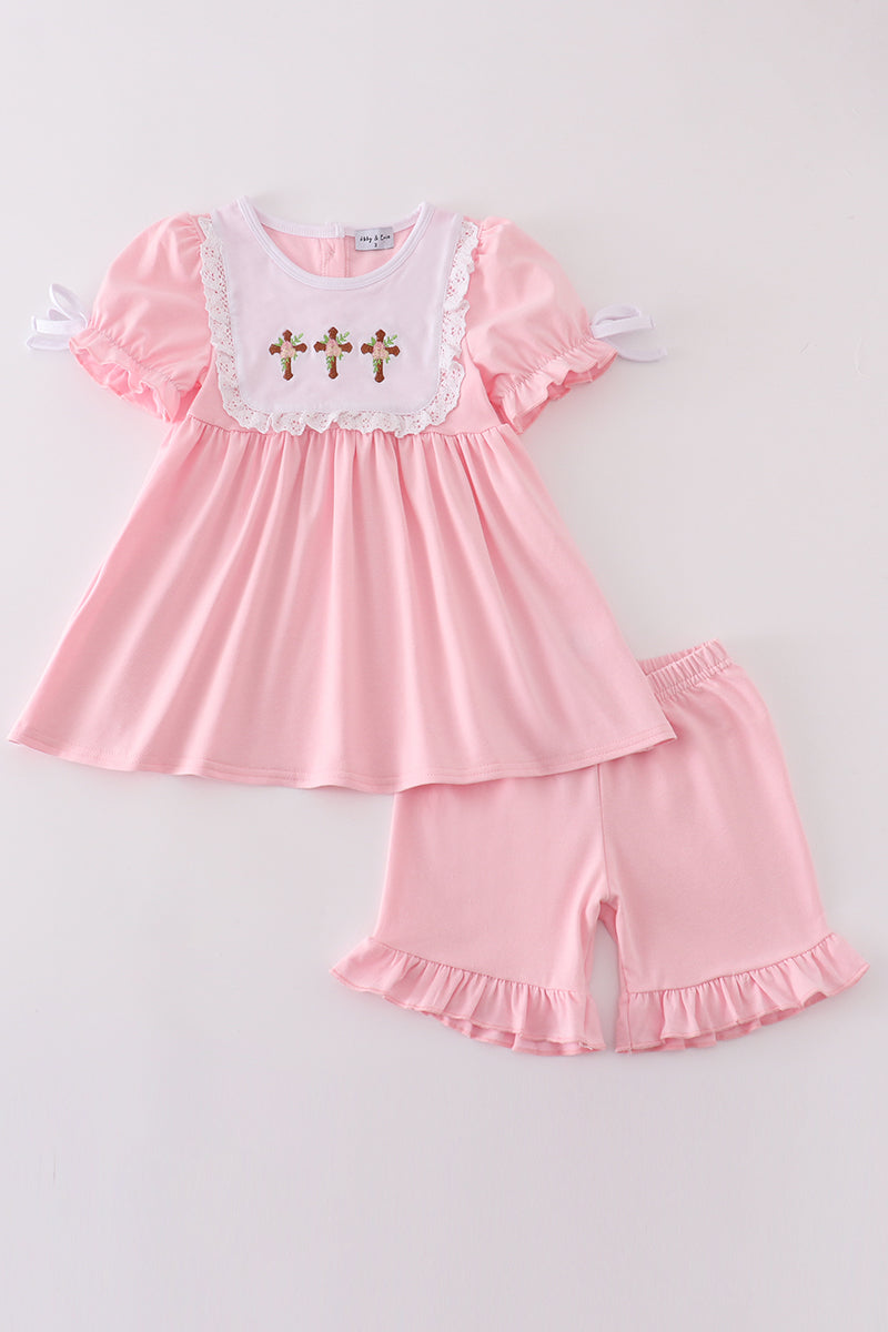 Pink Easter Cross Embroidery Girl Set