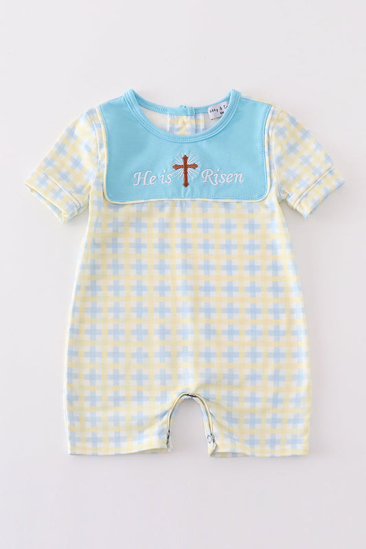 Yellow Plaid He is Risen Embroidery Boy Romper