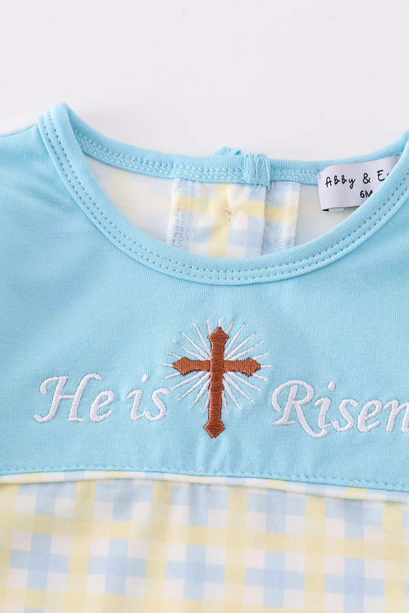 Yellow Plaid He is Risen Embroidery Boy Romper