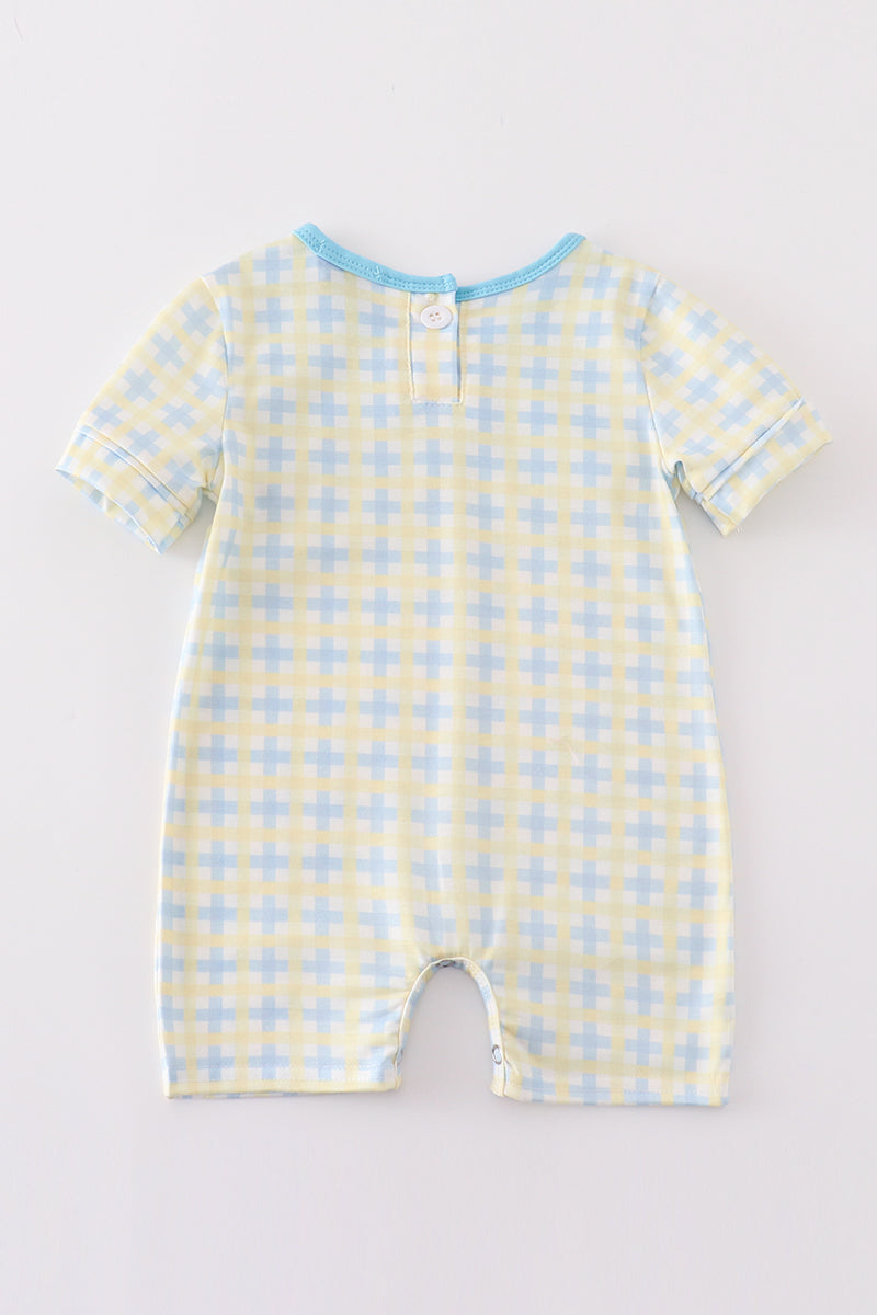 Yellow Plaid He is Risen Embroidery Boy Romper