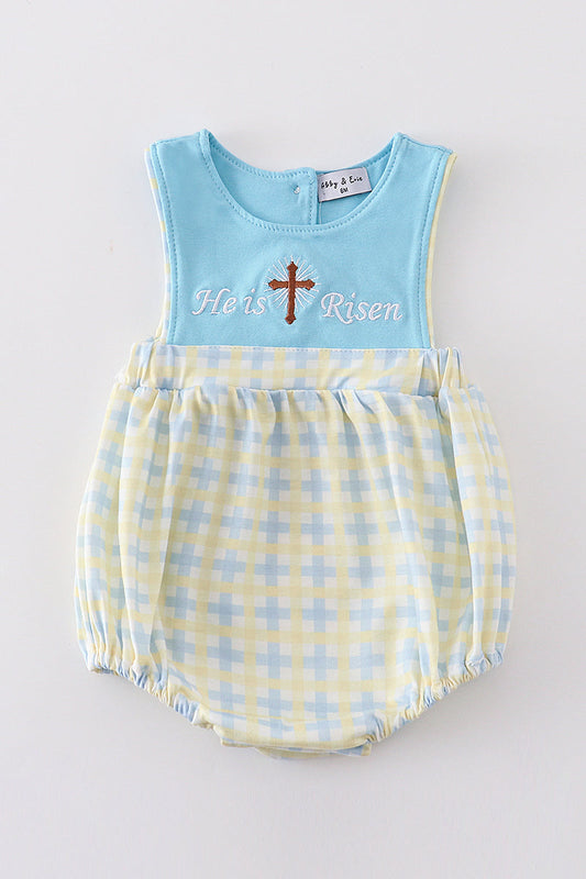 Yellow Plaid He is Risen Embroidery Boy Bubble