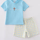 Blue He is Risen Cross Embroidery Boy Set