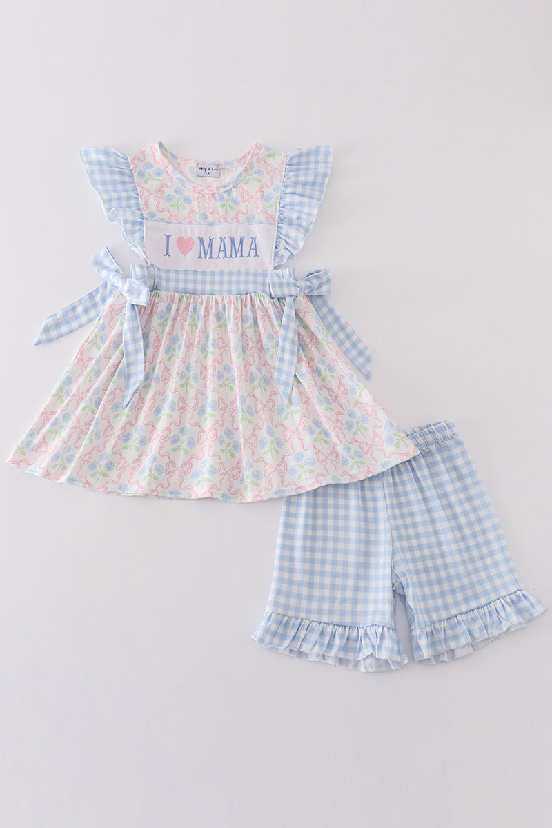 Blue  I Love Mama Embroidery Girl Set