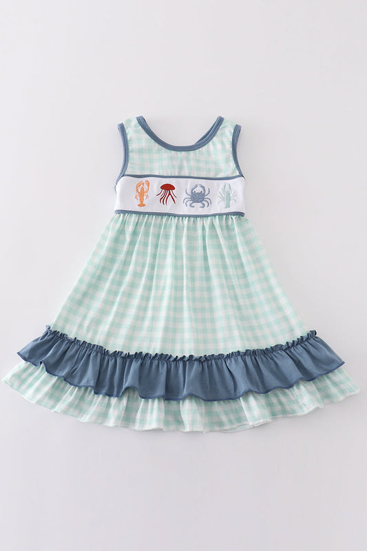 Blue Marine Creature Embroidery Girl Dress