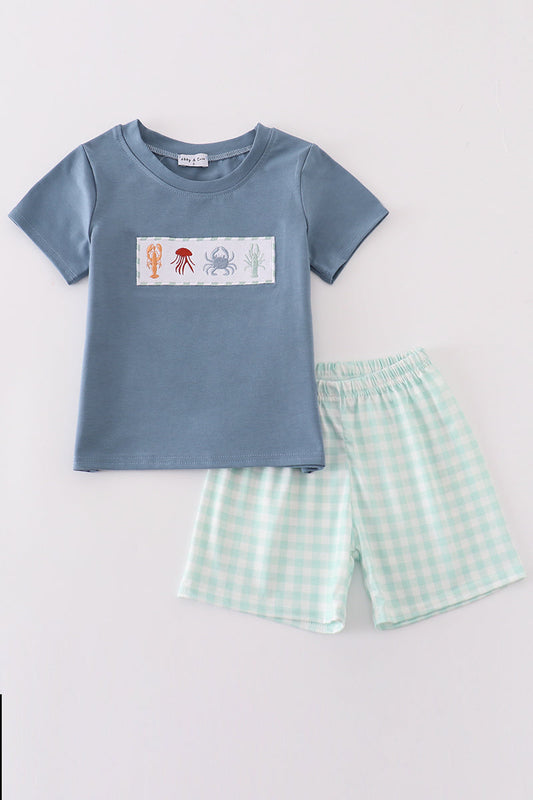 Blue Marine Creature Embroidery Boy Set