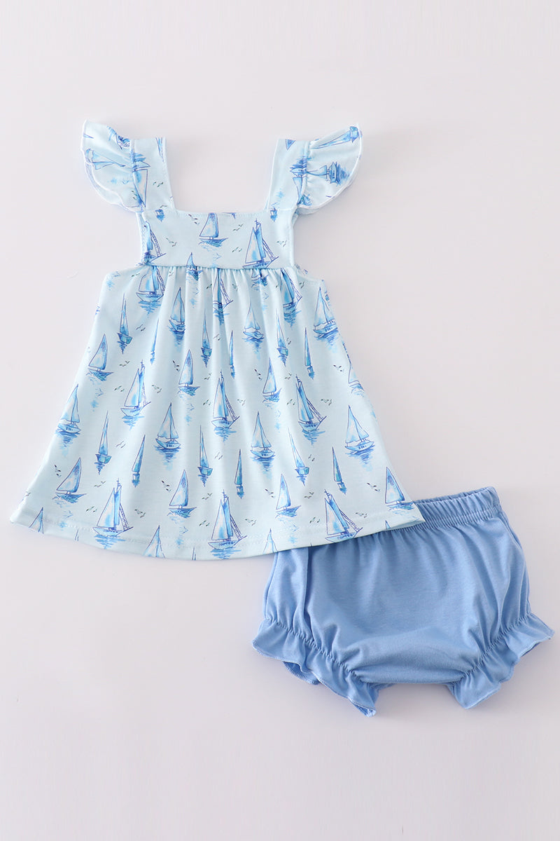 Blue Sailboat Print Girl  Bloomer Set